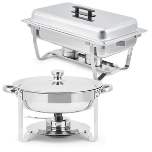 GARVEE 2 Pack Buffet Set with 8 Qt Rectangle and 5 Qt Round Stainless Steel Food Warmers, Includes Lids, Water Pans, and Fuel Holders for Catering, Weddings, and Parties