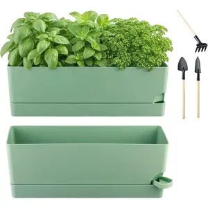 2 Pack Self Watering Pots for Indoor  17 Inches Window Boxes Planters Rectangular Flower Pots Rectangle  Pots Large  Pots with Drainage Holes and Saucers Windowsill Planter, Green
