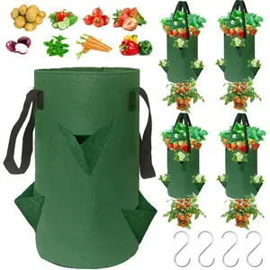 4Pack Upside Down Strawberry Planter, 3 Gallon Hanging Grow Bags for Tomato Vegetables 6 Planting Holes with 4 Hooks,Upside Down Strawberry  Hanger Vegetable Planting Bags for House (Dark Green)