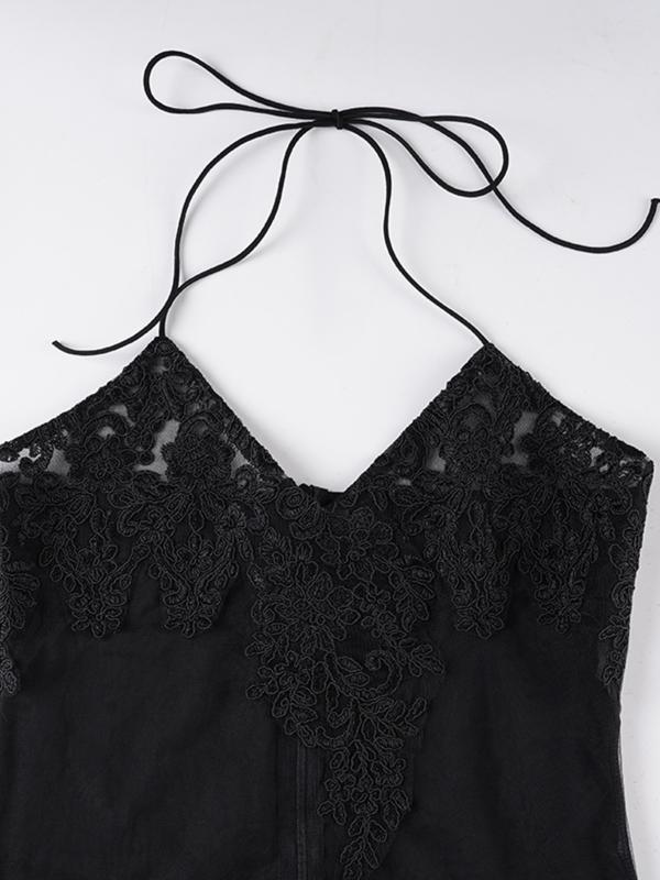 Women's Sexy Slim Fit Embroidered Mesh Dress, Backless Halter Neck Short Party Skirt, Plain Sleeveless Tiered Design, Elegant Party Dress