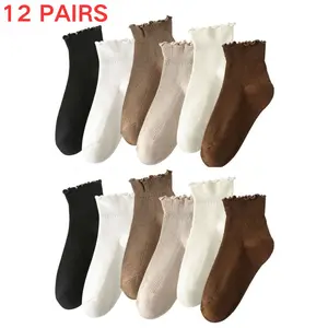 12 Pack Women’s Cotton Ankle Socks Ruffle Ribbed Casual Cute Soft Socks for Women Girls Spring Summer Daily Wear Frilly Breathable Socks Comfy Trim Flounce Lettuce Design Socks 12 Pairs of Solid Colors Knit Sock One Size 5-9