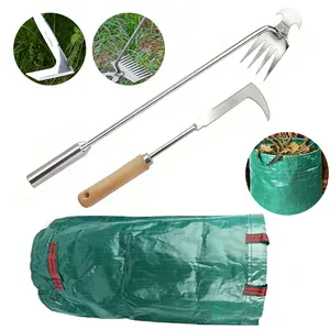 3-in-1 Gardening Tool Kit Including Ultra-Sharp Root Cutter, Rake & 32-Gallon Yard Bag for Efficient Yard Weeding Work