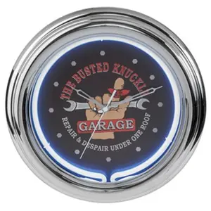 Busted Knuckle Garage Round 12x2.5 in. Neon Clock - Black, Silver, Red Home Decor Wall Clock