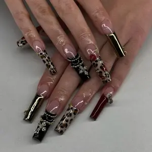 Bowtie Nailbox | Luxury Baddie Gold Chrome Cross Chain Leopard Print Red Lip Handmade Reusable Press On Nails Gel Nail Extra Long Square Grunge Edgy Glossy Design 2025 High Conversion