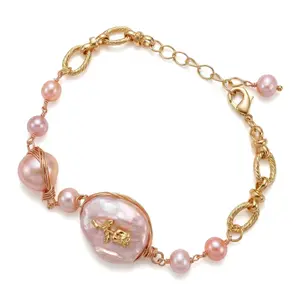 Pink Baroque Pearl Bracelet for Women | Gold Rose Charm Wire Wrapped Freshwater Pearl Chain Bracelet | Vintage Romantic Coquette Jewelry Gift