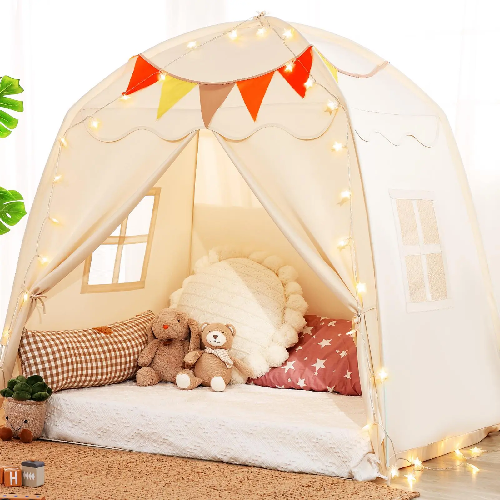 Sumbababy Large Kids Play Tent with Tassel,Star Light Bed Tent Canopy with Lights & Flags, Indoor Floor Bed for Girls and Boys, Portable & Foldable Teepee for Twin Bunk Bed, Cute Cozy Playhouse, Summervibes, Summerwins, DealsForYouDays