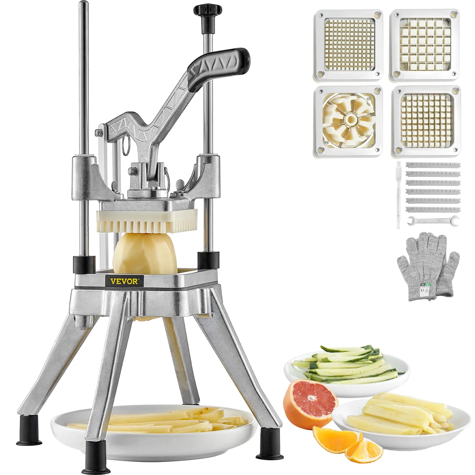 VEVOR Heavy Duty Hand-Operated Commercial Chopper with 4 Replacement Blades, Stainless Steel Vegetable Cutting Slicer, French Fry Cutter, Chopped Potato Chipper for Restaurants & Home Kitchen Utensils (Works for Pears)