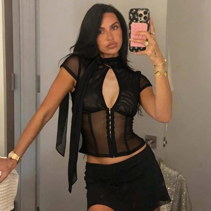Lady's 2026 Summer New Shortleeve Mesh Corset Top - Tie Neck, Cutout Front, Hook-Eye Closure, Semi-Sheer, Slim Fit, Elegant Going Out Clothes, Cold Wash Blouse, Shortsleeve, Going Out Tops, Do Not Dry Clean, Evening, Mock Neck