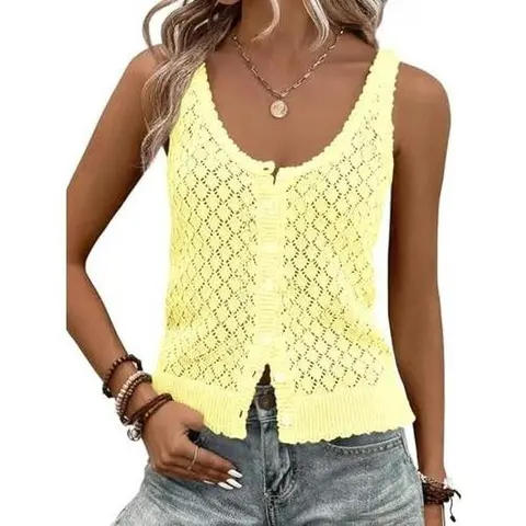 Fisoew Women's Crochet Stitch Sleeveless Button-Down Crop Vest - Soft Smooth Cotton, Denim Accents, Breathable Casual Comfy Simple Elegance Boho Top for Summer Going Out, Skirt Pairing