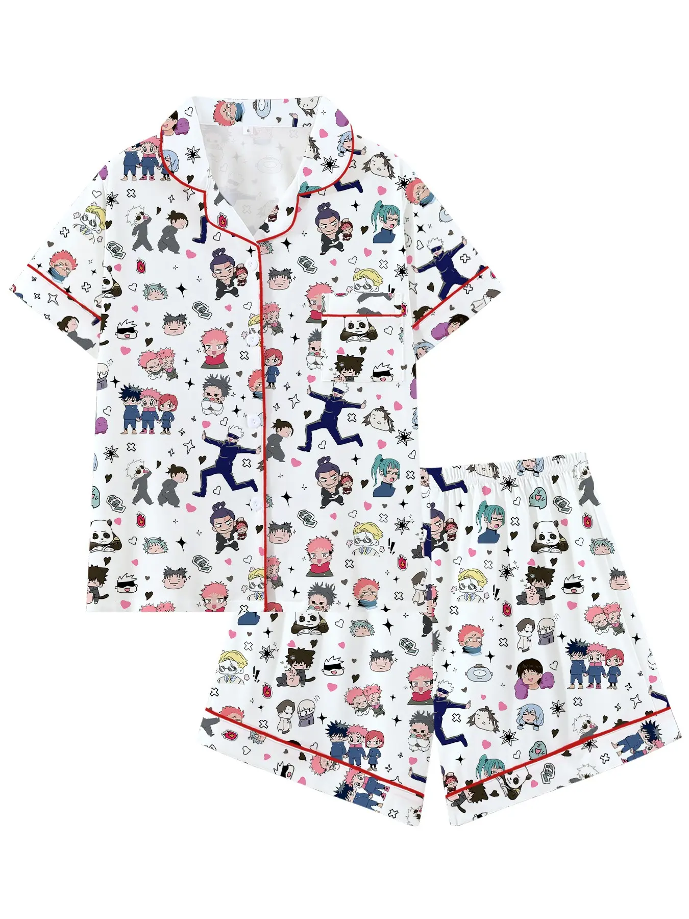 Cool Otaku Vibe Cute Lapel Short Sleeve Pajama Set, Comfortable Sleepwear for Home and Outdoors, Perfect Gift for Pajamas，Urban Sorcerer Print Lounge Set | Dark Fantasy Anime Style 2-Piece Pajamas，Dark Anime Aesthetic Pajama Set | Japanese Graphic Sleepwe
