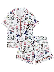 Cool Otaku Vibe Cute Lapel Short Sleeve Pajama Set, Comfortable Sleepwear for Home and Outdoors, Perfect Gift for Pajamas，Urban Sorcerer Print Lounge Set | Dark Fantasy Anime Style 2-Piece Pajamas，Dark Anime Aesthetic Pajama Set | Japanese Graphic Sleepwe