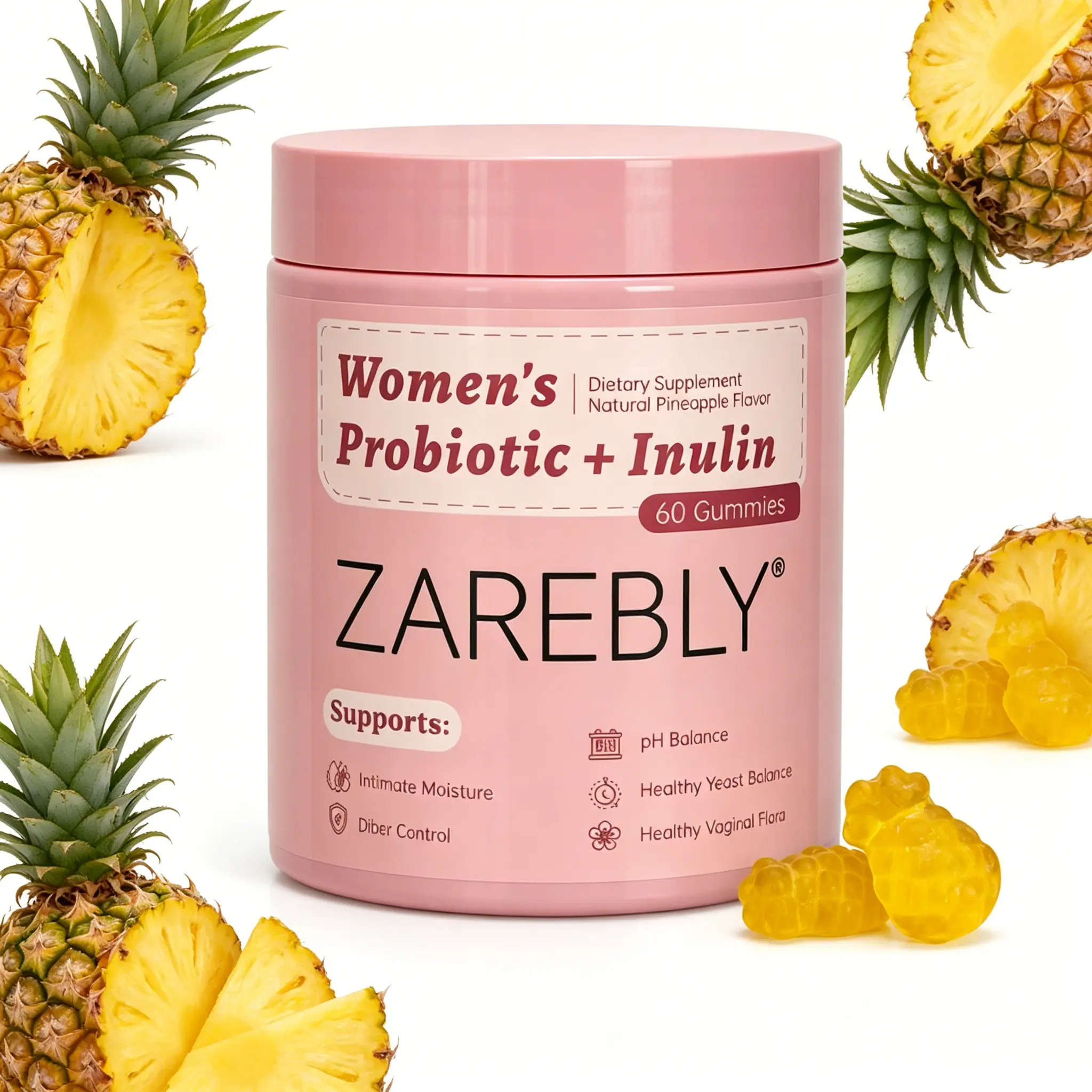 ZAREBLY Her Juicy Complete Probiotics for Women | Intimate pH Balance & Dryness Relief | Prebiotic + Lactobacillus Formula | Pineapple 60 Gummies Dietary Supplement Vitamin Edible support Female Wellness Sleep