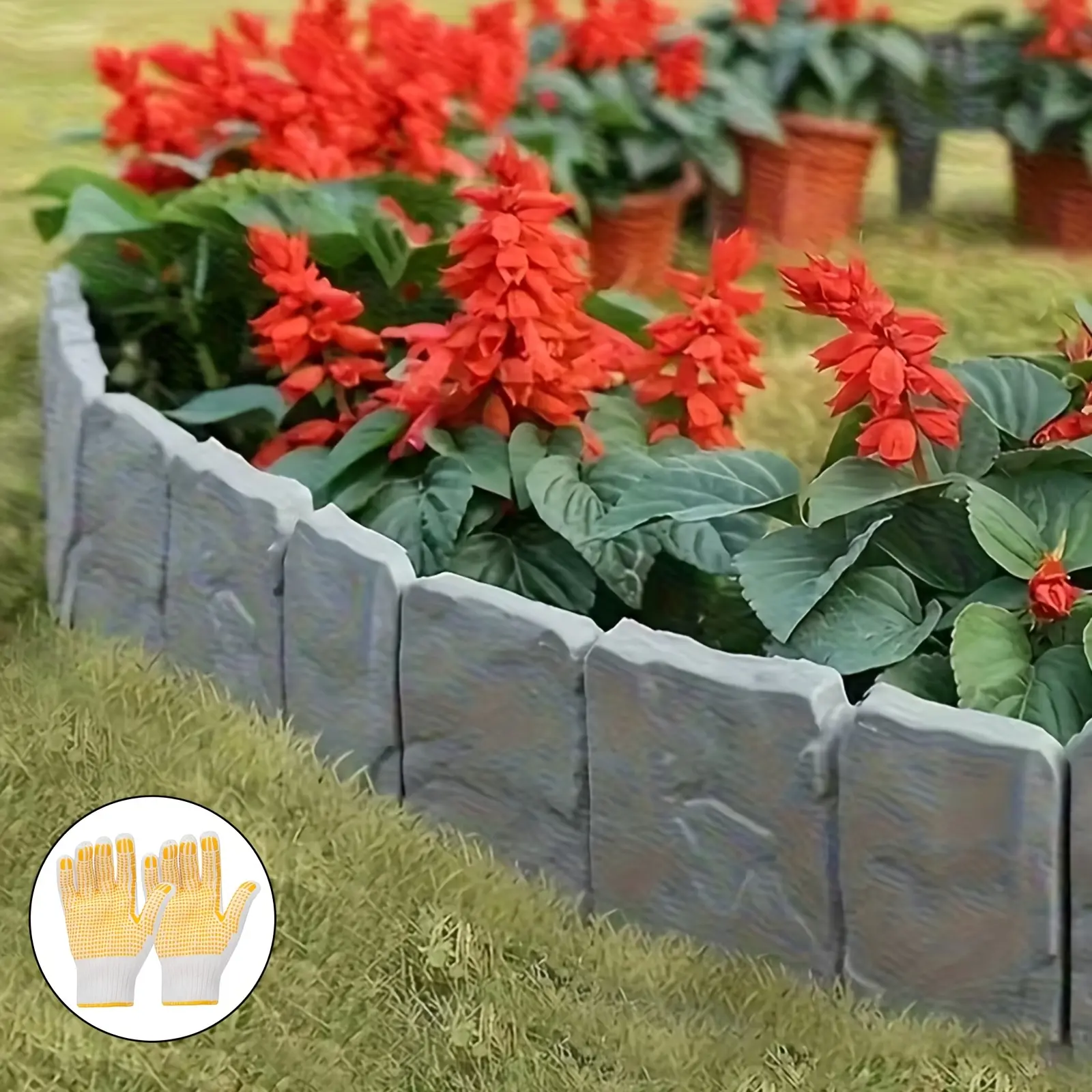 30pcs Garden Fence Set with Stone Appearance Includes Work Gloves Interlocking Plastic Landscape Edging Weatherproof Border for Flower Beds Lawns Driveways Durable Outdoor Yard Decoration Festive Garden Enhancement summerwins,summerwins