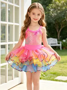 Cute Girls Rainbow Sequin Ballet Tutu Dress, Stretch Heart V Neck Sling Dance Leotard, Flowy Gradient Tulle Skirt for Toddler Dance Class Recital Birthday Party Photoshoot