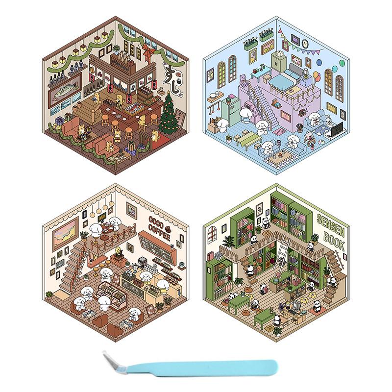 3D DIY Miniature Sticker Kit: 4 Enchanting Scenes (Pink Cottage, Penguin Ice Cream & More) + Free Tweezers | ASMR Crafting, Phone Case Decor, Creative Adult Home Gift