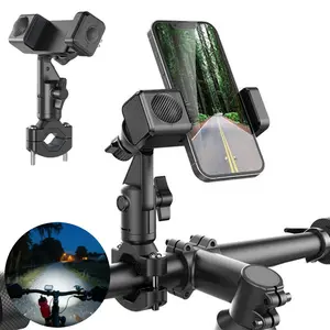 2 IN 1 Heavy-Duty Motorcycle Bike Phone Mount [Not Block Camera] - with LED Light 3 Lighting Modes, Phone Holder Stand & Headlight, 360° Rotation Shockproof Handlebar Clamp For 4.7-7" Phone, Universal For Scooter Ebike Mountain Bike 0.6-1.7" Handlebar