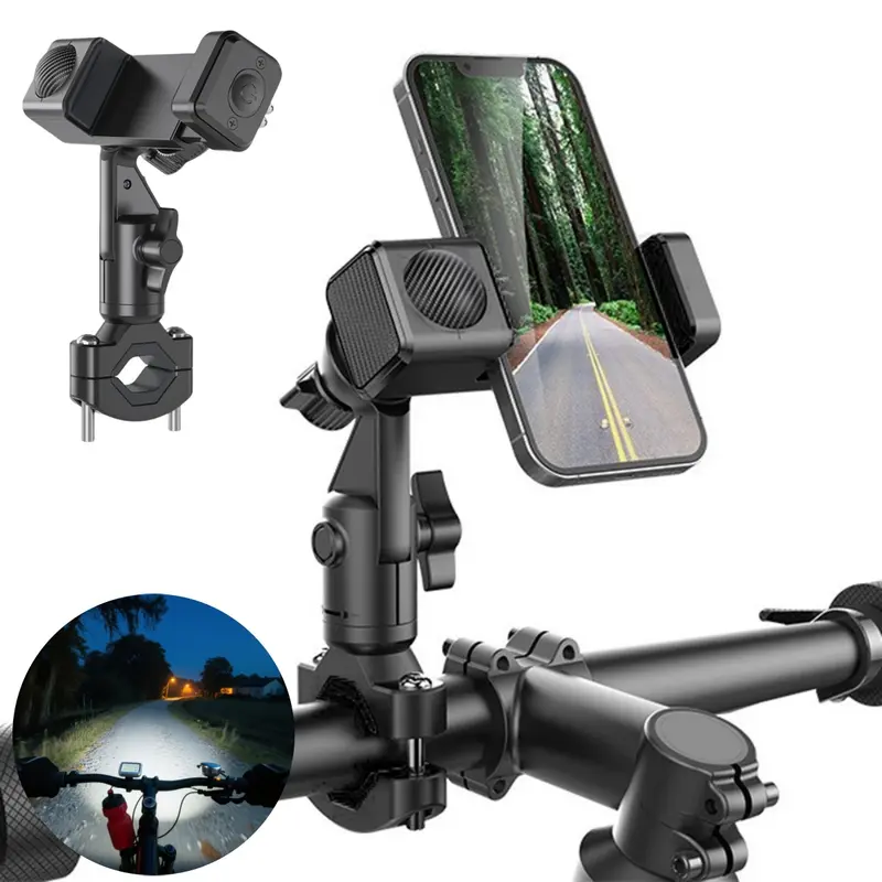 2 IN 1 Heavy-Duty Motorcycle Bike Phone Mount [Not Block Camera] - with LED Light 3 Lighting Modes, Phone Holder Stand & Headlight, 360° Rotation Shockproof Handlebar Clamp For 4.7-7" Phone, Universal For Scooter Ebike Mountain Bike 0.6-1.7" Handlebar