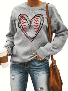 Trendy Baseball Heart Print Round Neck Fashion Womenswear Knit Sweatshirt, Casual Style for Spring & Fall, Thin Fitted Fabric, Perfect for Daily Wear