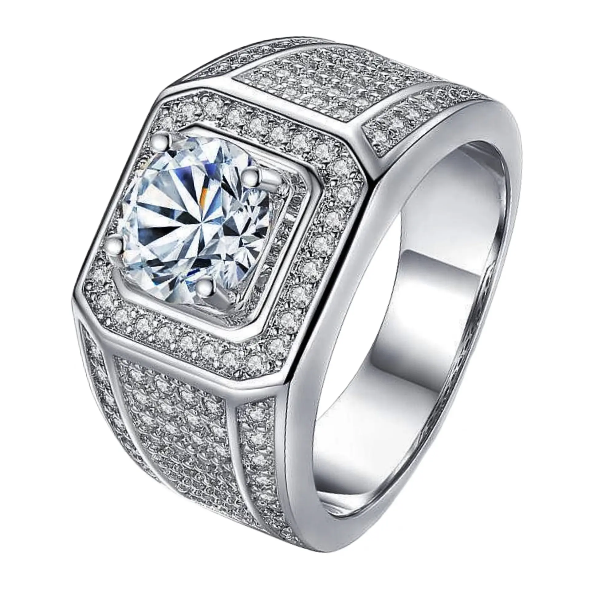 BOSS VIBE2CT Men's Diamond Ring D-Color Moissanite Dupe 18K Gold Plated Chunky Statement Jewelry Bling Bling Gift for Him Easter Spring Break, Elegant Glittering Ring