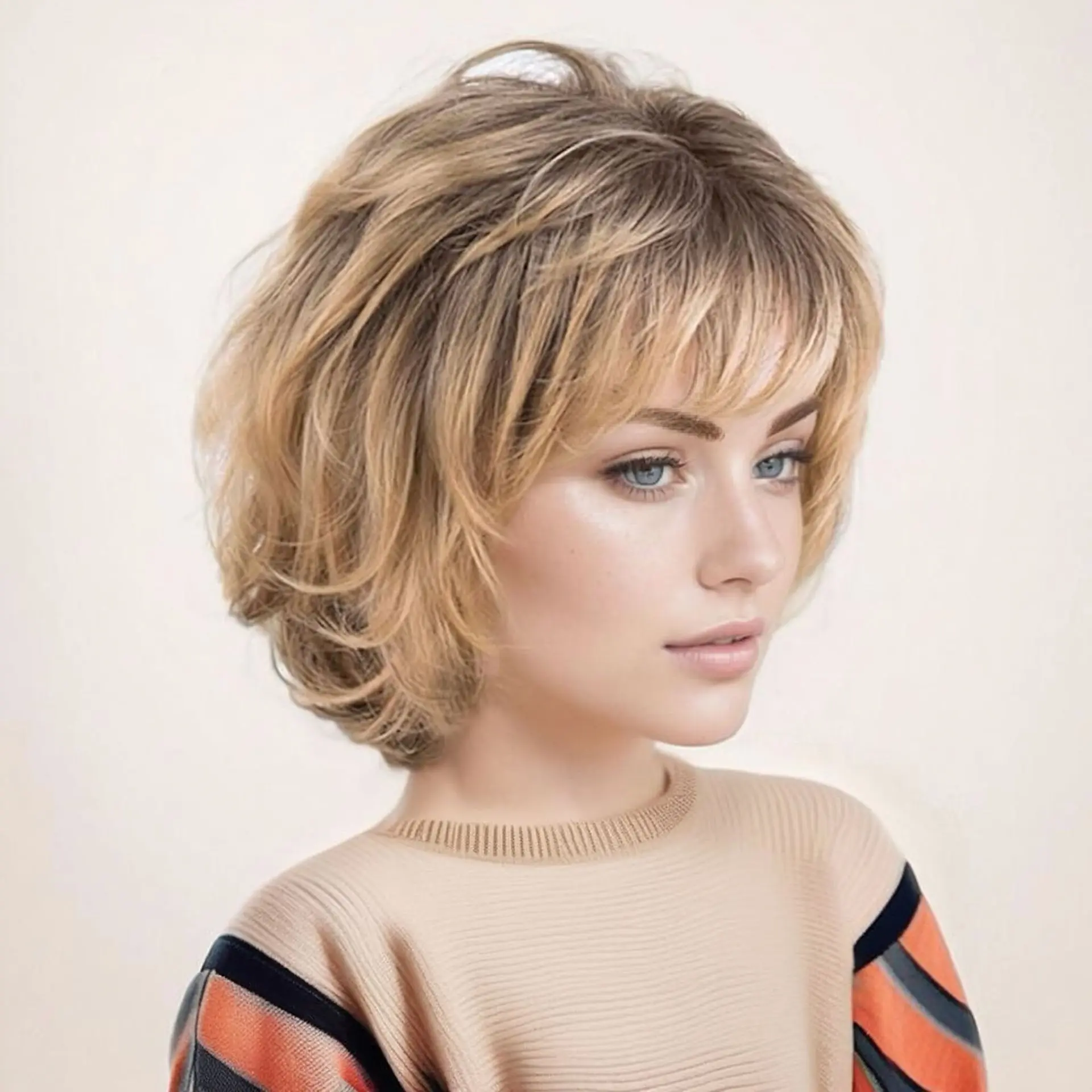 Short Blonde Ombre Wig for Women Dark Roots Loose Wave Wig Soft Hair Replacement Wig Fluffy Short Curly Synthetic Wig for Lady Costume Party Wig