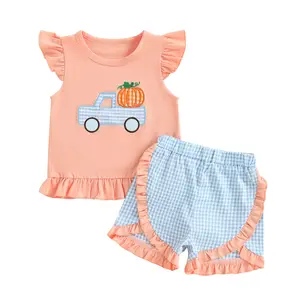 Toddler Baby Girl Halloween Outfit Pumpkin Embroidery Ruffle Sleeve T-shirt Tops Elastic Waist Plaid Shorts