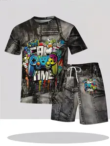 Men's Casual Fashion T-Shirt Shorts Set, Cool Game Time Graffiti Jeans Pattern 3D Print Graphics, Summer Lightweight Breathable 2-Piece Clothes