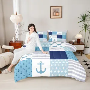 Feelyou Polyester Fiber Quilted Duvet Set - Multi-Size Anchor Pattern Stripes Grid Comforter Set, U-Stitching Cartoon Whale Bedding, Travel Ready for Kids & Adults, Blue Navy White Bedroom Linens