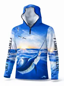 Men's Outdoor Fishing Hoodie Long Sleeve T-Shirt, Lightweight Breathable Ice Feel Fabric for Spring & Fall, Loose-Fitting Casual Sportswear with Shark Ocean Print, Athletic Hoodie