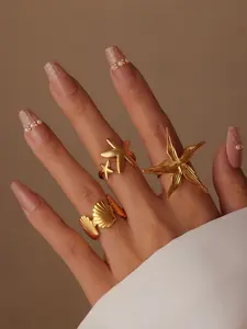 Women's Starfish Shell Design Ring Set, 3 Piece Vacation Style, Elegant Alloy Material, All Seasons Jewelry