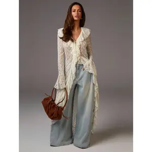 Women's Elegant Solid Color Lace Ruffle Flare Sleeve Dress Lace Outfit Women Lace Duster Lace Cardigan Anthropologie Clothes Free People