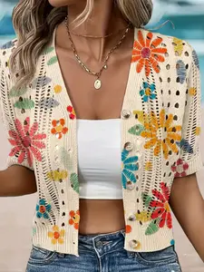 Women's Multicolor Floral Print Short Sleeve Knit Cardigan, Casual Chic Elegant Vacation Style Sweater, V Neck Loose Fit Button Front, Knitwear Womenswear Knitting Lady Vneck Tops