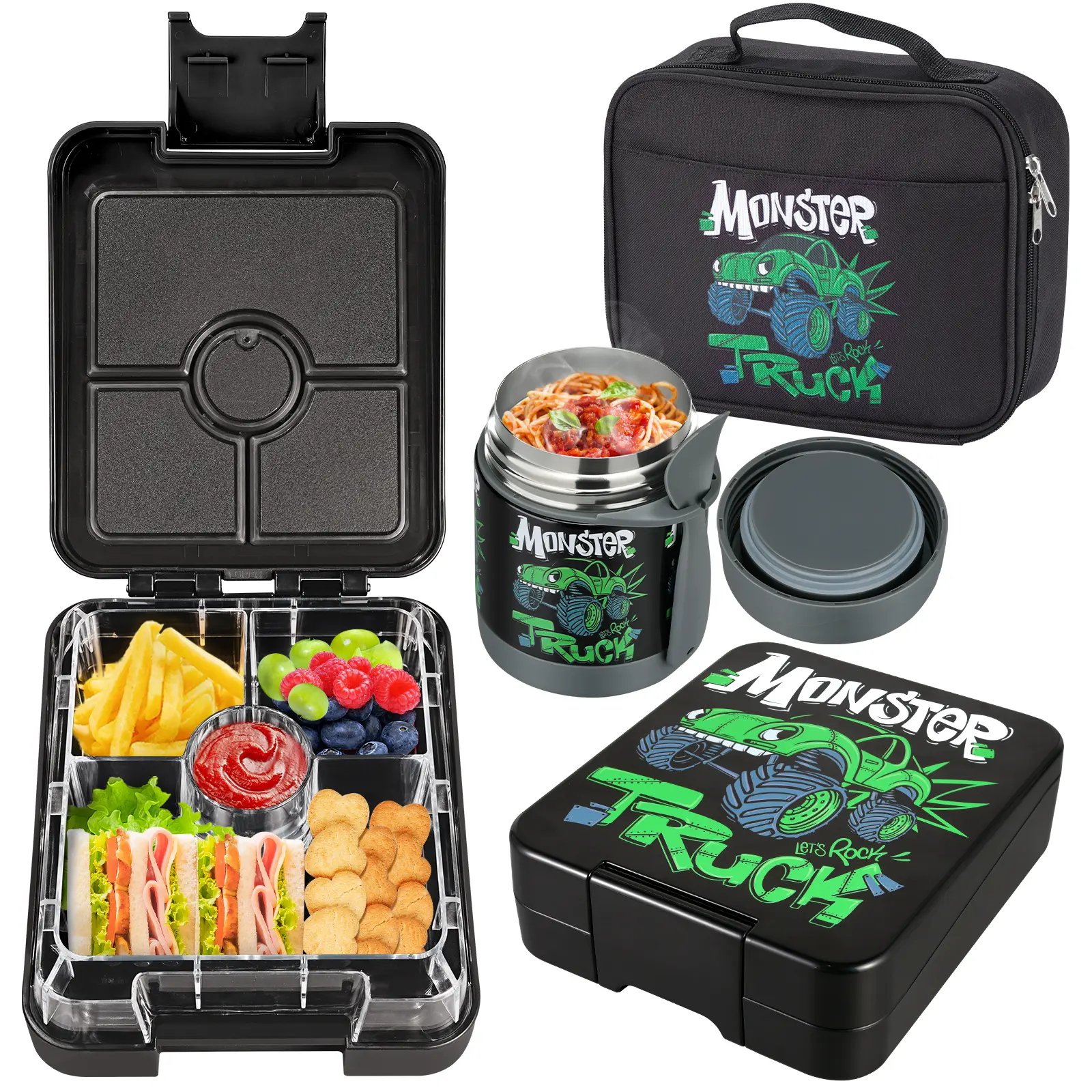 Maxso Children's Bento Lunch Box Set (Tableware) - BPA-Free, Leakproof, Divided Compartments, 300ml Thermal Food Container & Insulated Lunch Bag for School Use