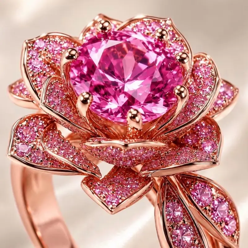 Pink Rose Flower Ring for Women – Rose Gold Plated Cubic Zirconia Statement Ring