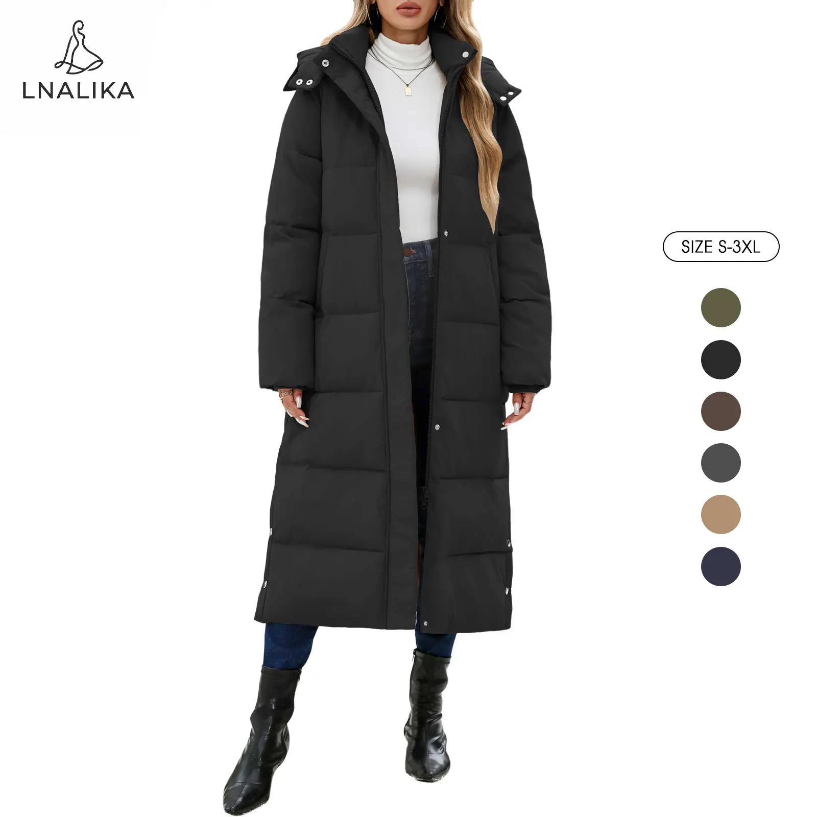 Women's Long Maxi Down Coat Winter Puffer Jacket Warm Padded Outerwear Faux Fur Removable Hood Parka Full-Zip