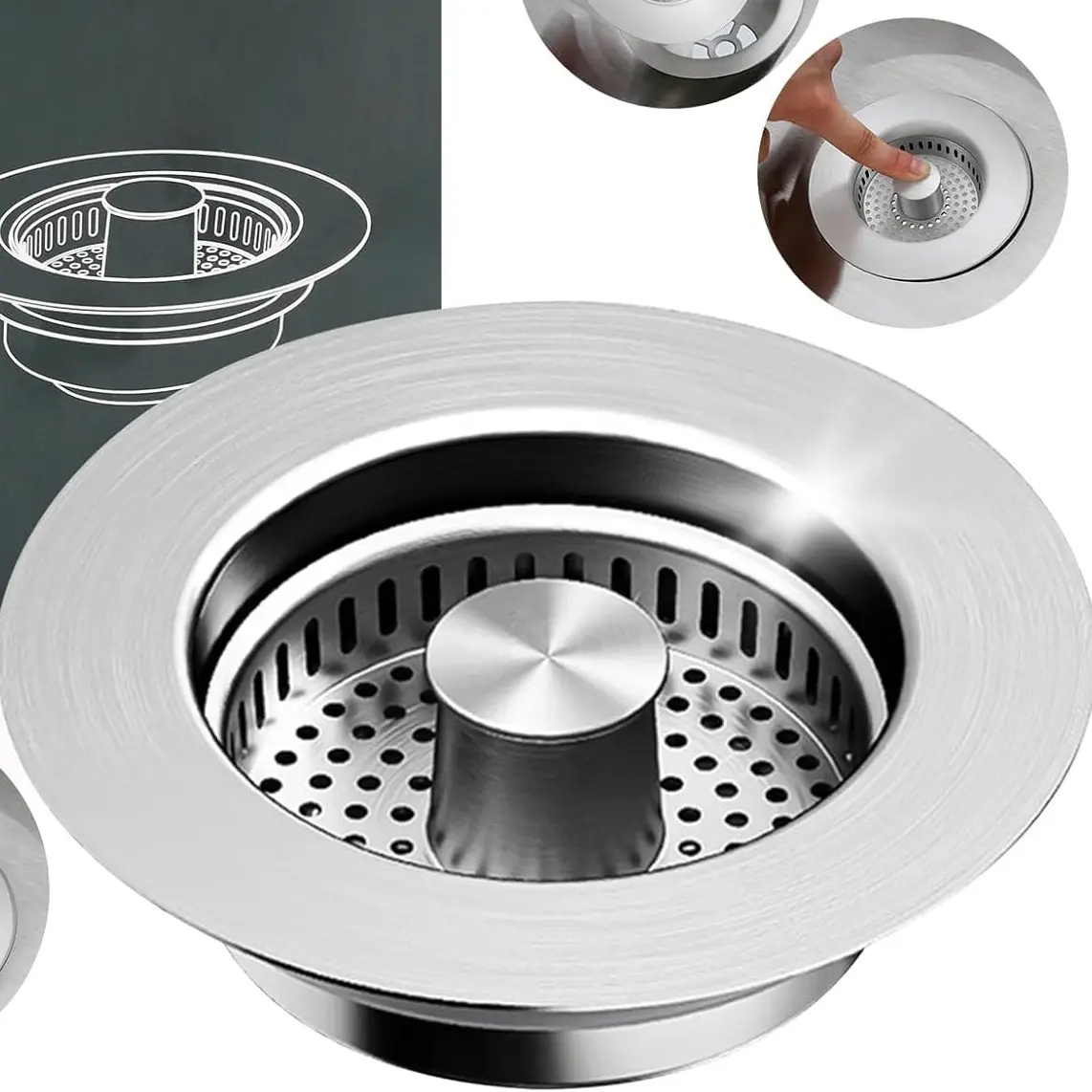 Kitchen Sink Drain Strainer,Stainless Steel 3-in-1 Pop-up Sink Stopper with Sealing Ring, Anti-Clog & Odor-Proof Drain Filter, Fits 3-1/2 Inch Sink Drain Holes, Easy Installation