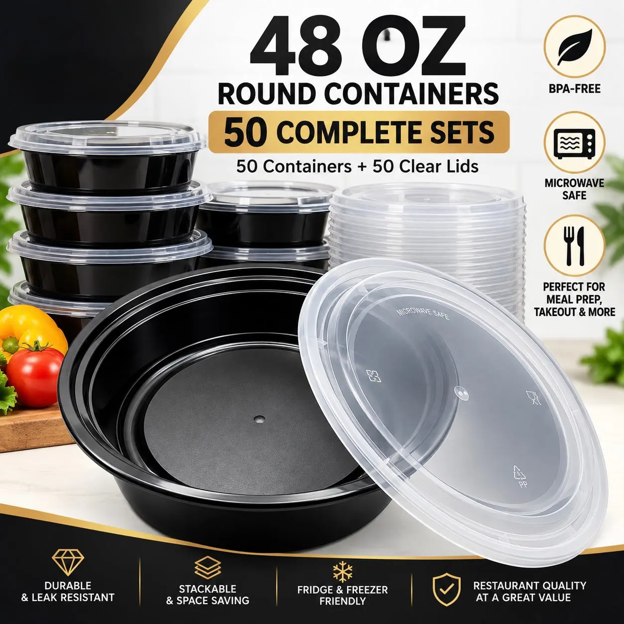 48 oz Black Round Food Containers with Clear Lids – 50 Sets