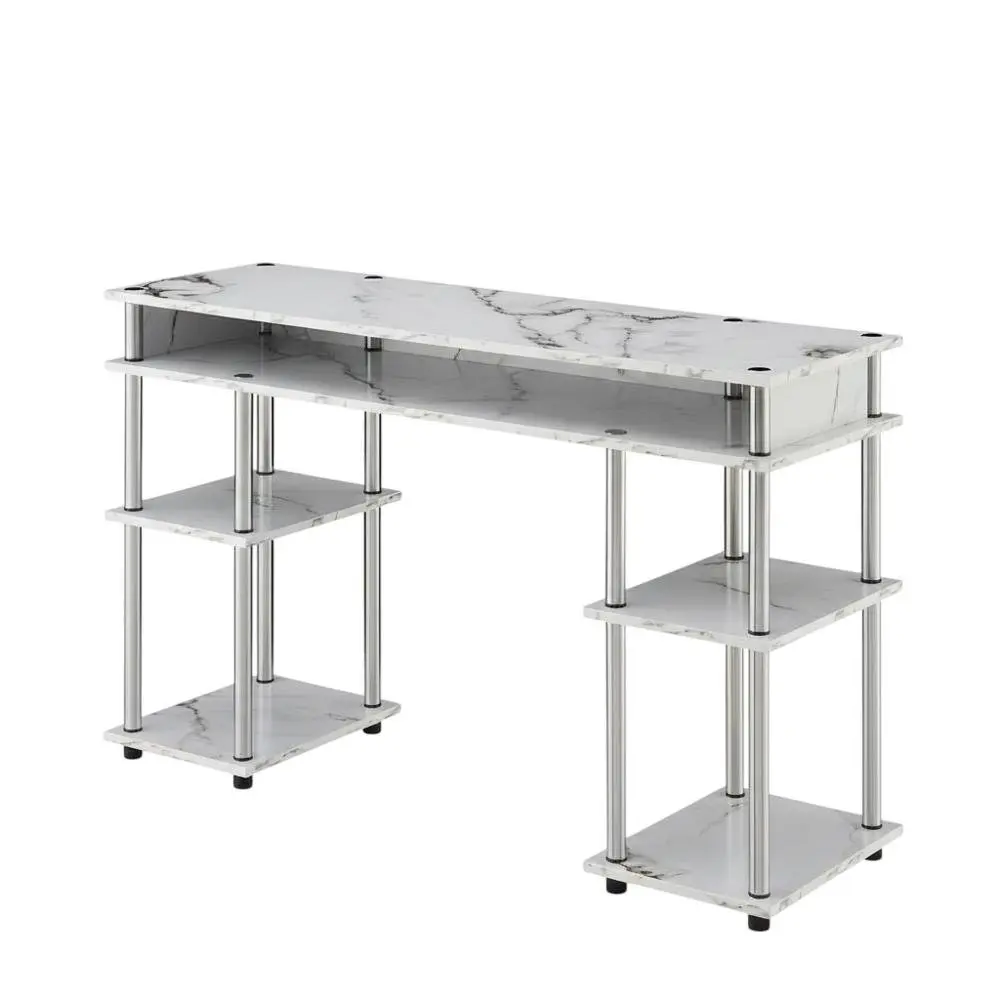White Marble Student Desk, Integrated Charging Station For Efficient Workspace
