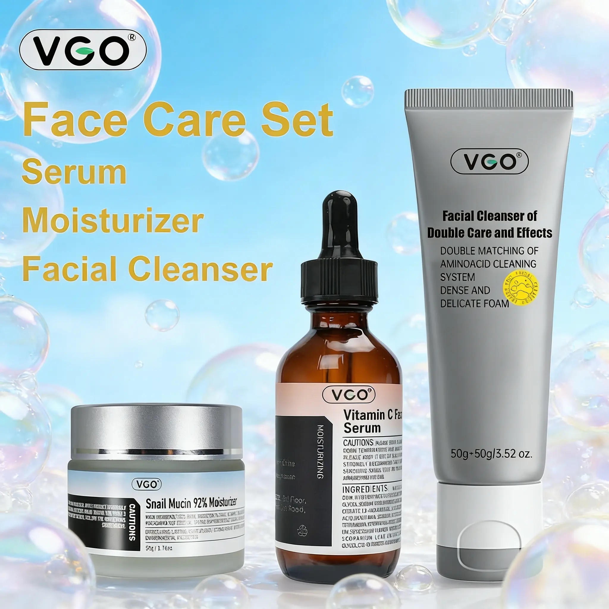 VGO Vitamin C Serum Moisturizer Snail Facial Cleanser Set for Sensitive Skin Daily Gentle Hydrating Care