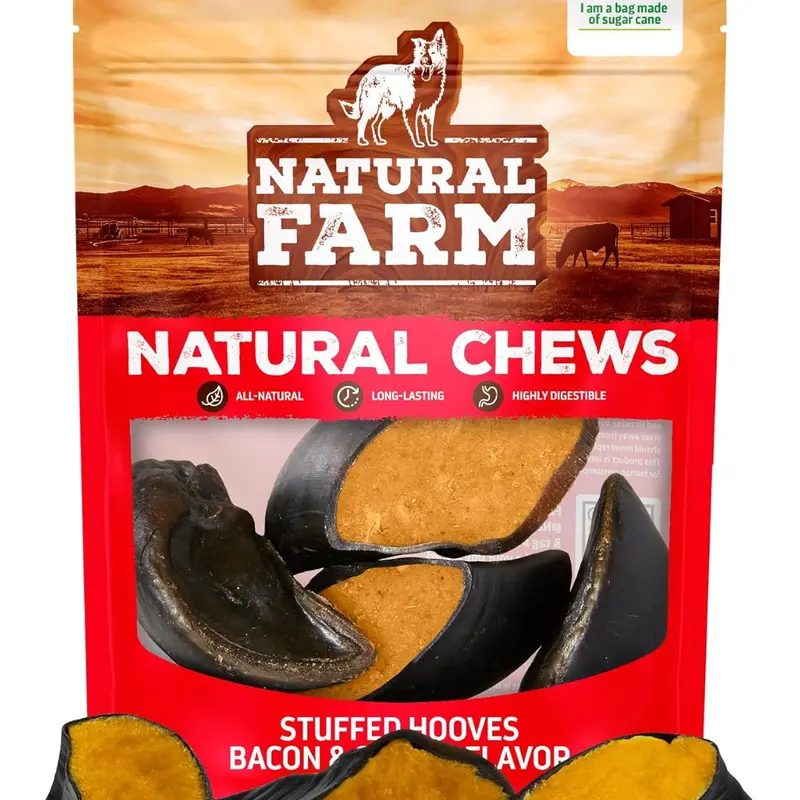 Natural Farm Grass-Finished Beef Hoof Dog Dental Treats - 4-Count Bacon & Cheese Stuffed, Protein-Packed Chewy Treats with Sunflower Lecithin, Vegetable Glycerin & Essential Nutrients, Hooves, Cow Hoof