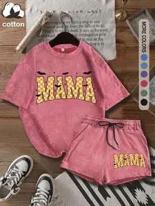 Women's Casual Two-Piece Set, Mama Thanksgiving Letter Print Tee & Shorts, Fitted Short Sleeve Top, All-Season