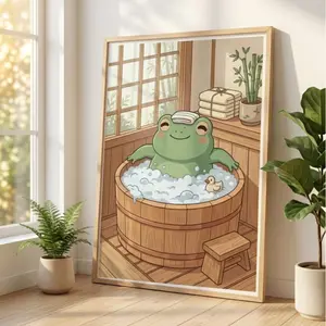 Japanese Frog in a Bathtub Print, Japanese Bathroom Wall Art, Japandi Art, Relaxing Poster, Japanese Wall Decor, Bathroom Decor