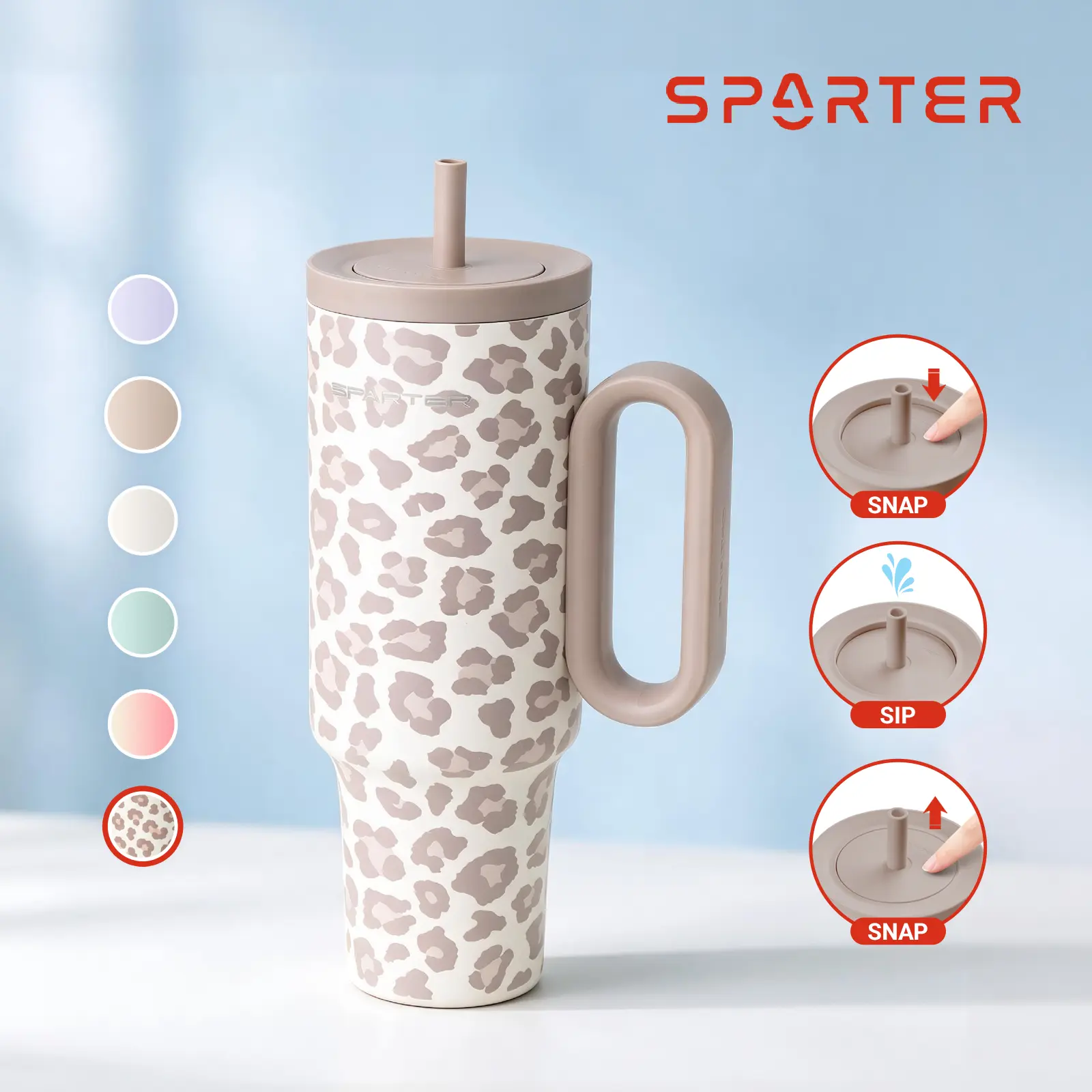 Sparter SnapSip Insulated Stainless Steel Tumbler (40/30oz) - Iced Coffee Tumbler, Portable Water Bottle with Silicone Handle, Straw, Push-to-Open Leakproof Lid, Insulation, Cup Holder-Friendly Ideal Gift for Women and Girls