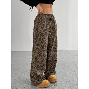 Women's Chic Leopard Print Drawstring Straight-Leg Pants - Casual Non-Stretch Polyester Blend, Machine Washable - for Spring/Summer Outdoor Activities