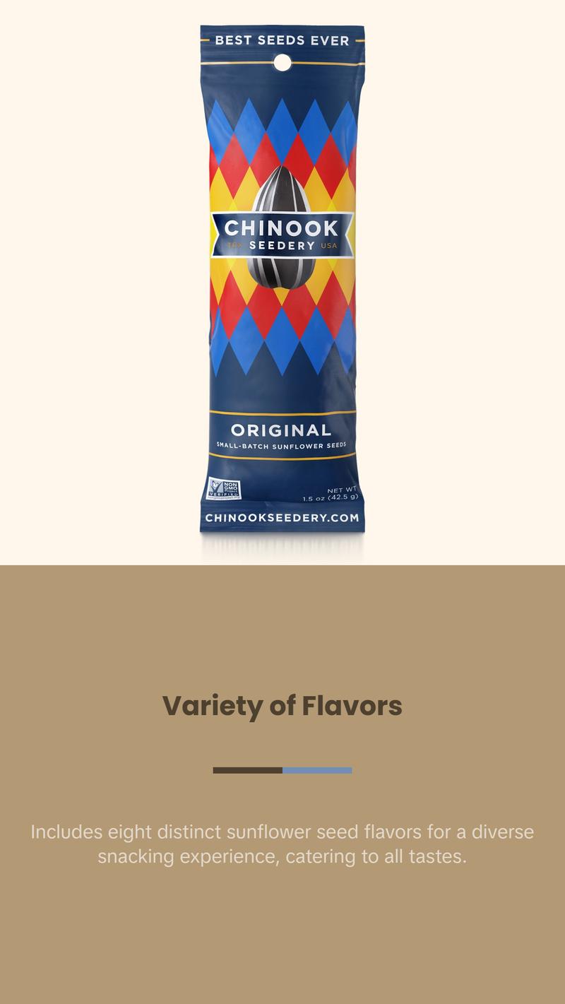 CHINOOK Variety Pack Sunflower Seeds 36-pack (1.5oz bags) – Keto Snacks, Gluten-Free, Non-GMO, Low Sodium, High Protein, Great Snack