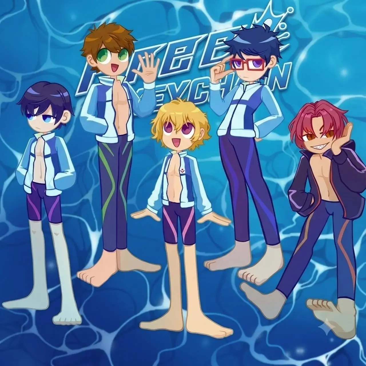 Swimming Anime Boy Keychains - With Silver U Shaped Clasps