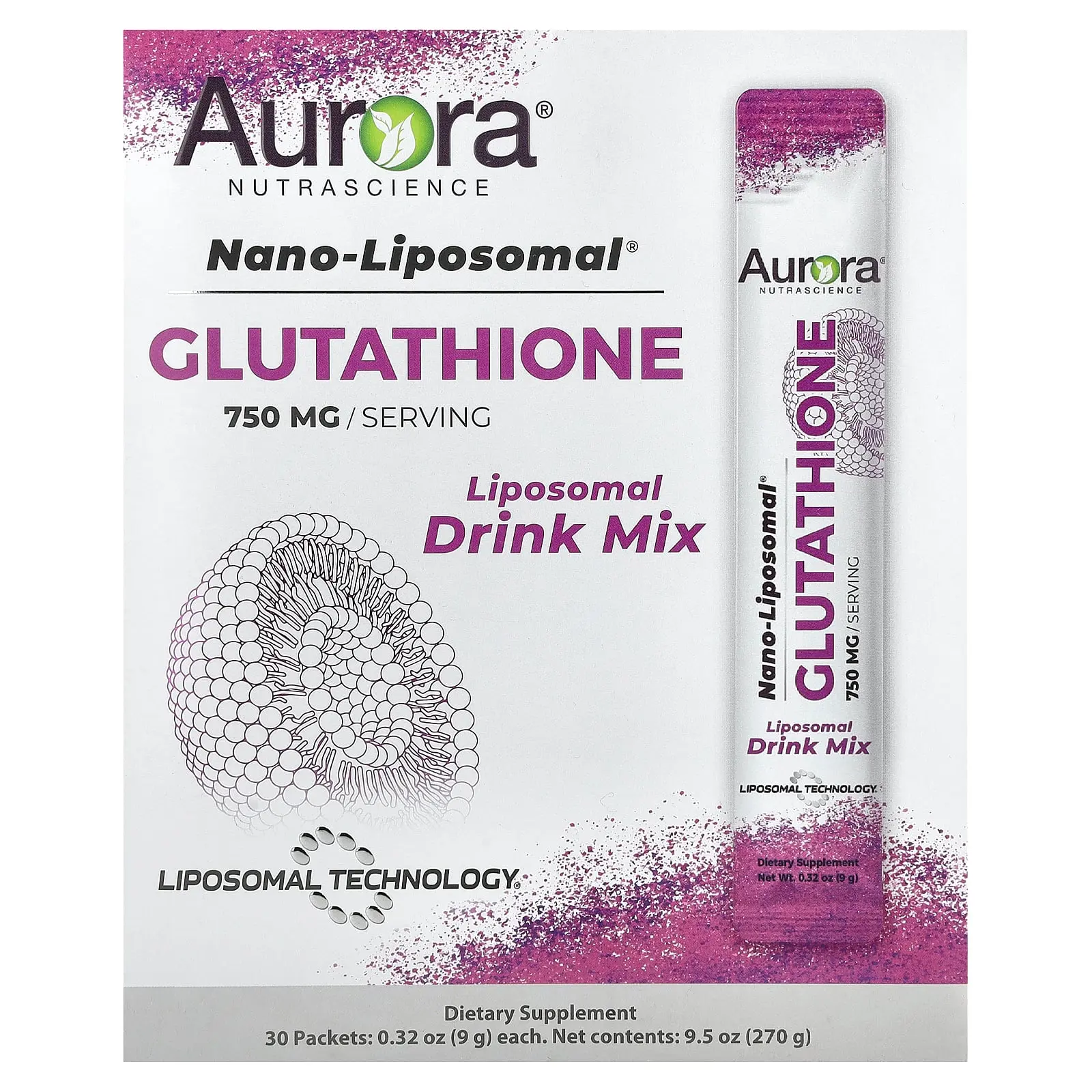 Aurora Nutrascience Nano-Liposomal®, Glutathione, Liposomal Drink Mix, 30 Packets, 0.32 oz (9 g) Each
