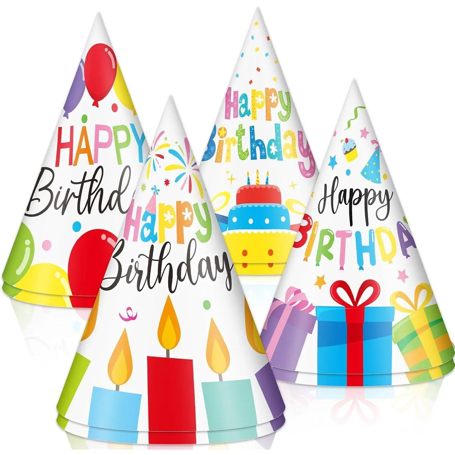 Kids' 11.8-inch (30cm) Paperboard Party Cone Hats Pack (32Pcs) - Toddler-Adult Friendly, Comfortable, Brightening Accessory with Elastic Strap, Pre-Punched for Birthday, Fire Themed Celebrations, Lightweight Vibrant Smooth Party Event Props