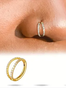 Row Cubic Zirconia Nose Ring Hoop for Women, Golden Plated Silver Clicker Nose Piercing Jewelry, Cubic Zirconia Hinged Segment Nose Ring, Minimalist Body Piercing Gift