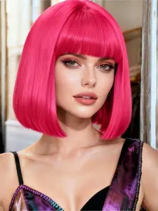 Short Bob Hot Straight Wig with Bangs for Women, Magenta Bob Wig, Heat-Resistant Synthetic Fiber, All Seasons, Soft Synthetic Hair, Party Halloween Cosplay Wigs