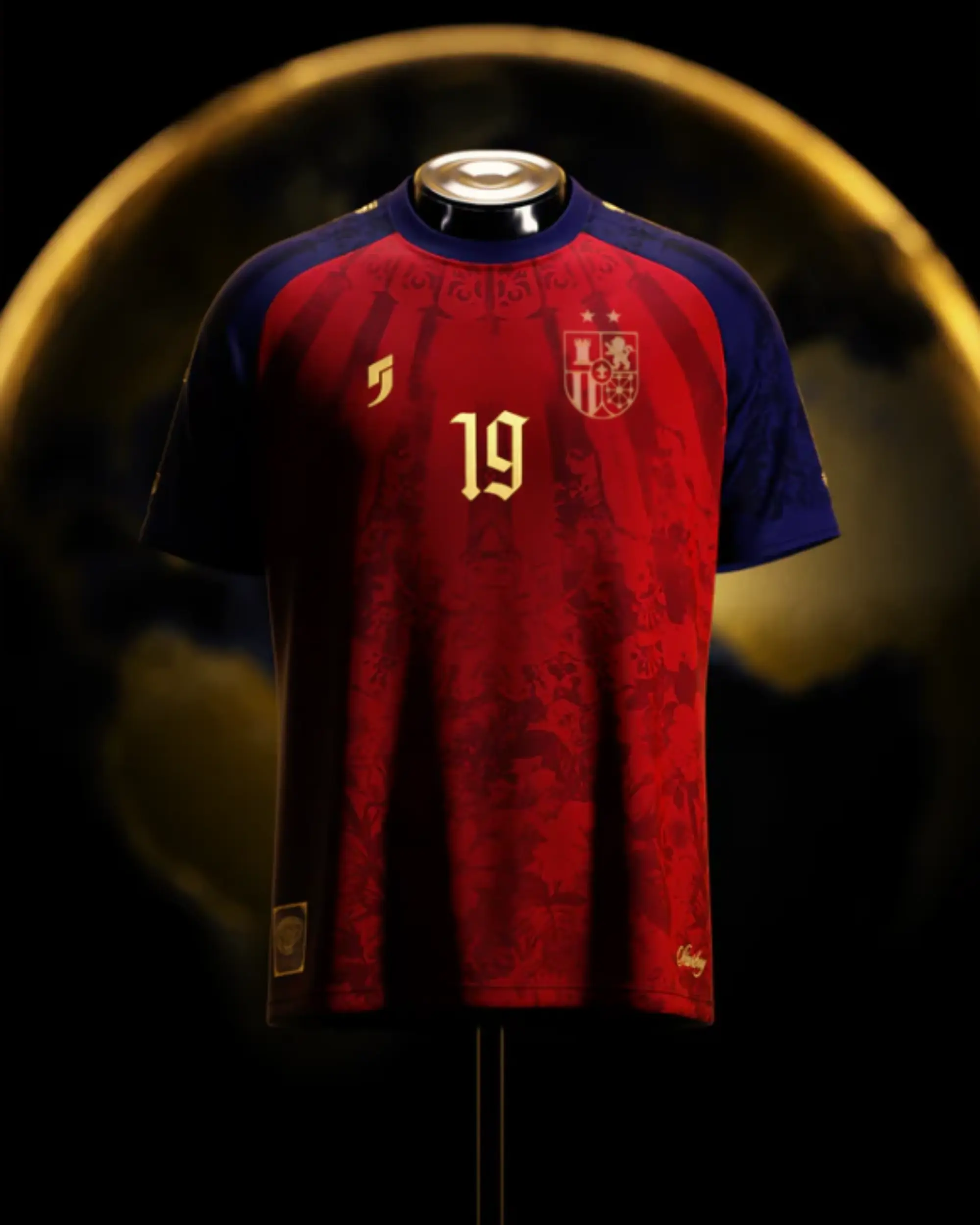 La Roja Red Navy No.19 Heritage Soccer Jersey, España Inspired Tonal Floral Football Jersey with Gold Crest, Unisex Short Sleeve Fan Jersey, Game Day Athletic Sportswear for Men Women